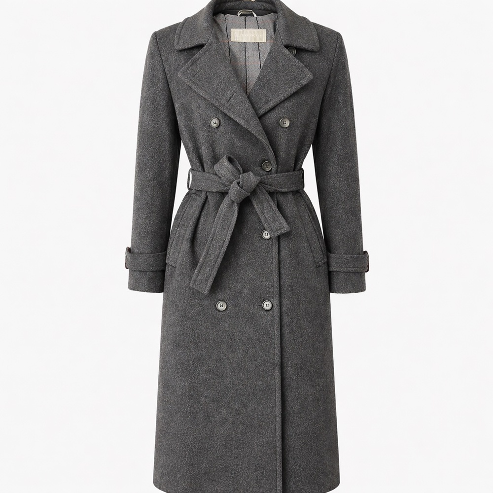 Evan Picone Wool Blend Coat Belted Longline Quiet Luxury Charcoal